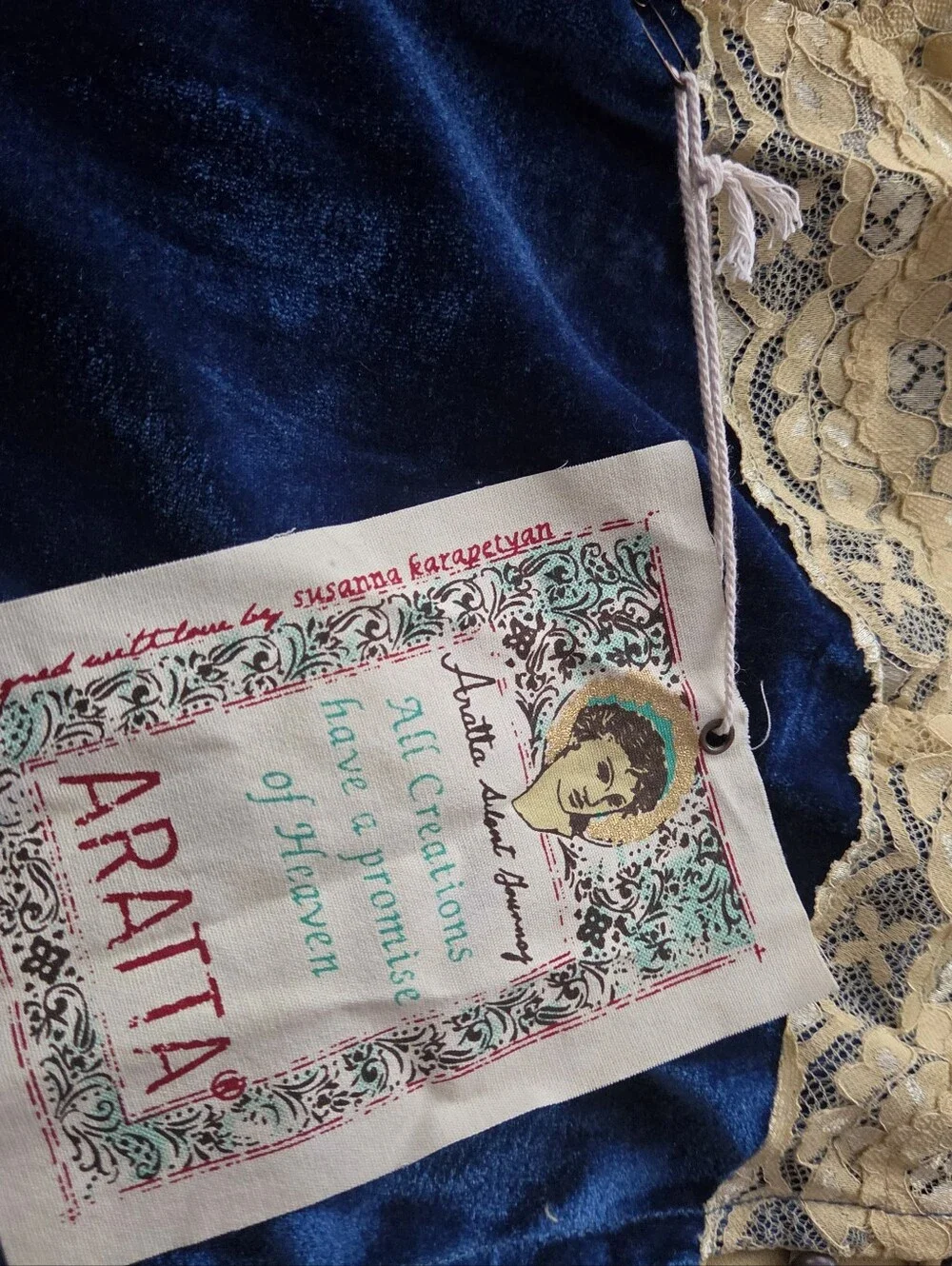Aratta Blue Velvet Chemise with Beige Lace Trim